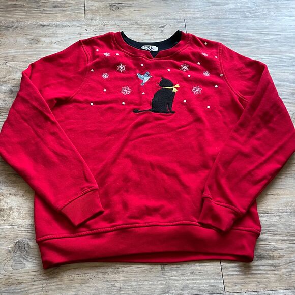 Vintage Sweatshirt Cat Bird Winter Grandma 90s C&K Women's Large Red Black - Picture 1 of 8